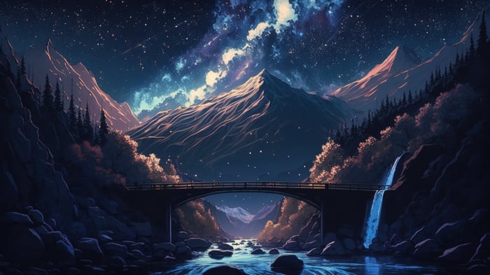 Bridge Across a Valley Under a Starry Sky