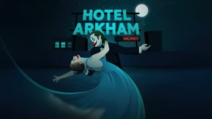 Joker and Harley Quinn dancing at Hotel Arkham