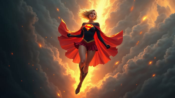 Supergirl flying through stormy skies with fire