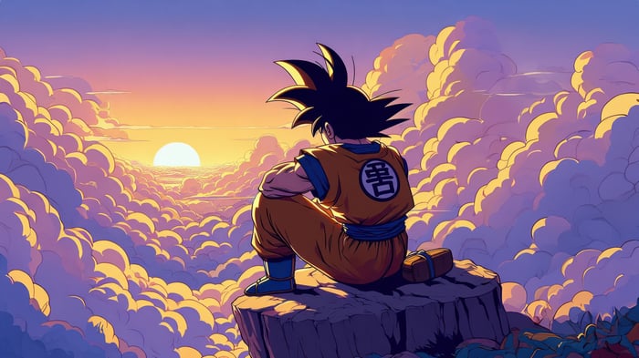 Goku Sitting on a Cliff Overlooking Clouds at Sunset