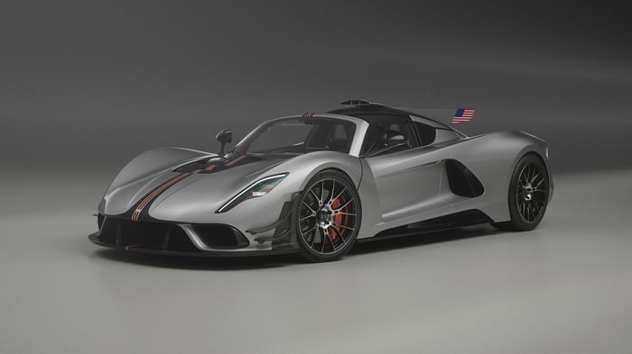 Silver Hennessey Venom F5 M Roadster with American Flag