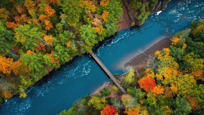 Bridge over a river in autumn forest