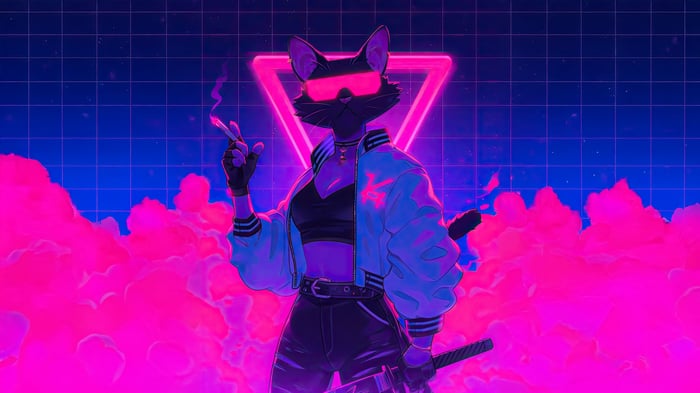 Synthwave Samurai Cat with Katana and Cigarette