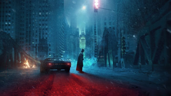 The Batman in a snowy, post-apocalyptic city
