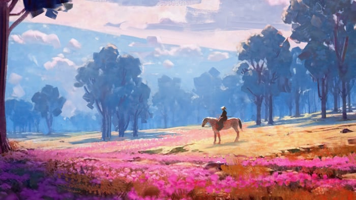 Samurai on horseback in a field of flowers