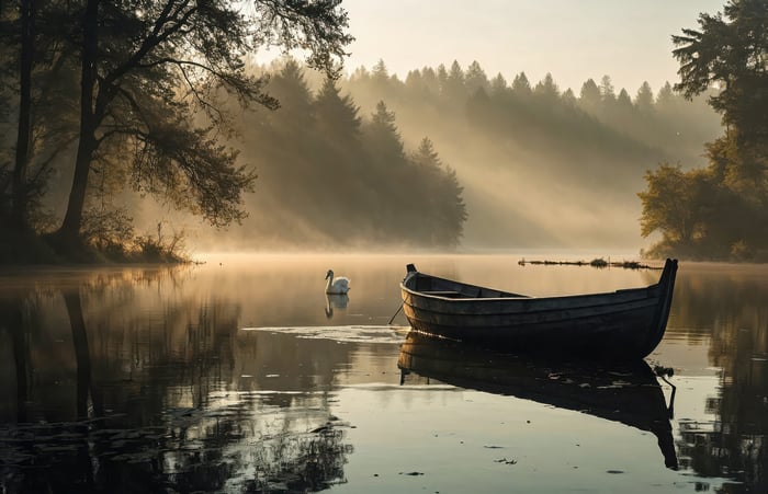Boat and swan on a misty lake at dawn