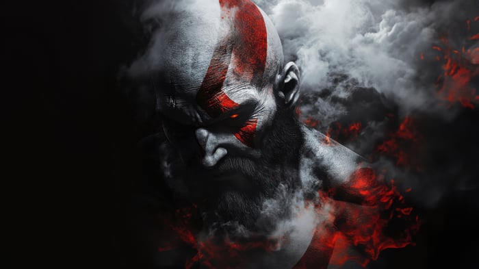 Kratos with red markings and smoke