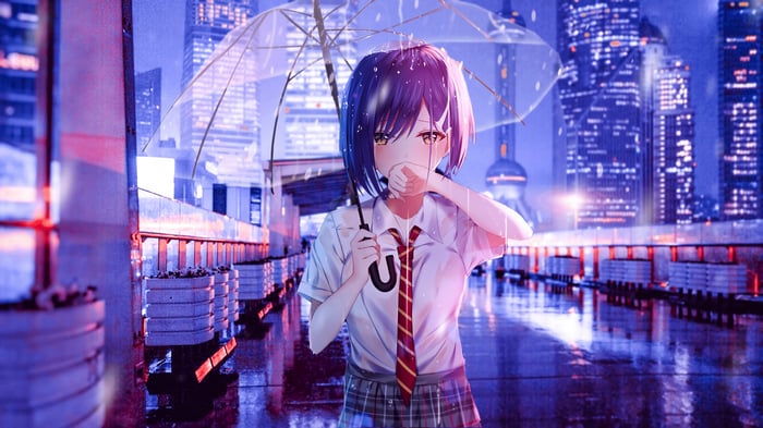 Zero Two with Umbrella in Rainy City