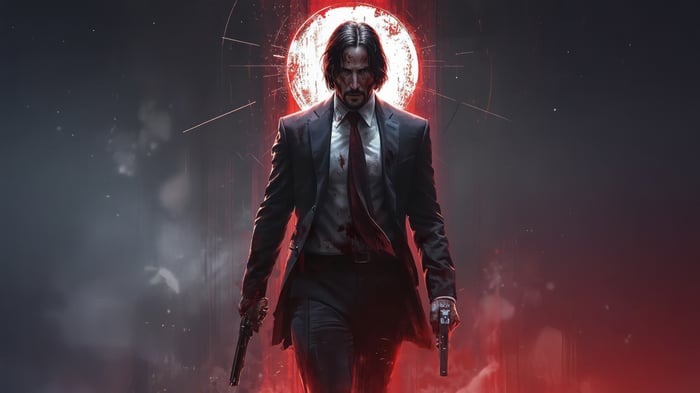 John Wick holding two pistols with a red moon behind him