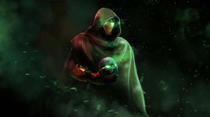 Doctor Doom holding a skull with glowing eyes