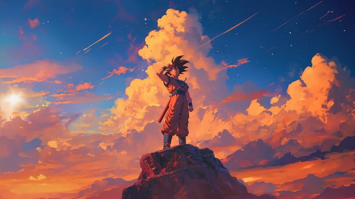 Goku standing on a rock against a sunset sky