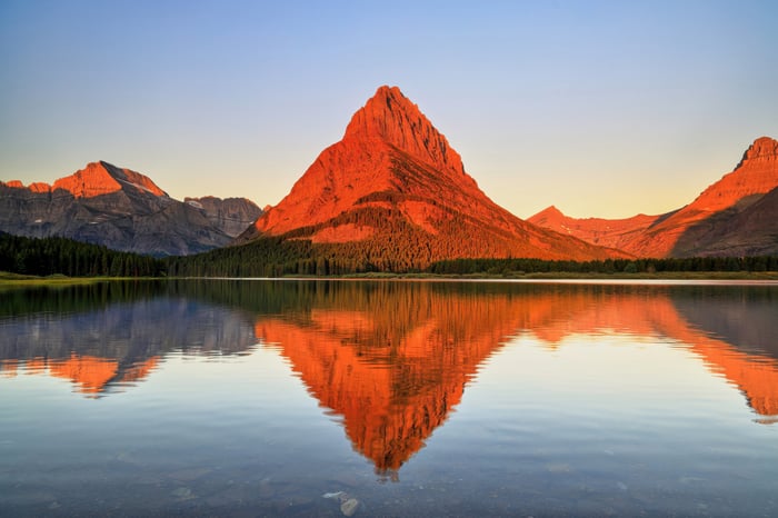 Many Glacier mountain reflected in lake at sunrise