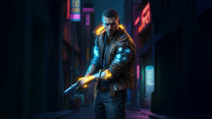 Cyberpunk 2077 character with glowing cybernetics and gun