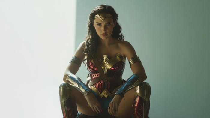 Wonder Woman in costume sitting