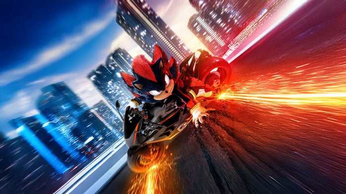 Shadow the Hedgehog riding a motorcycle in a city