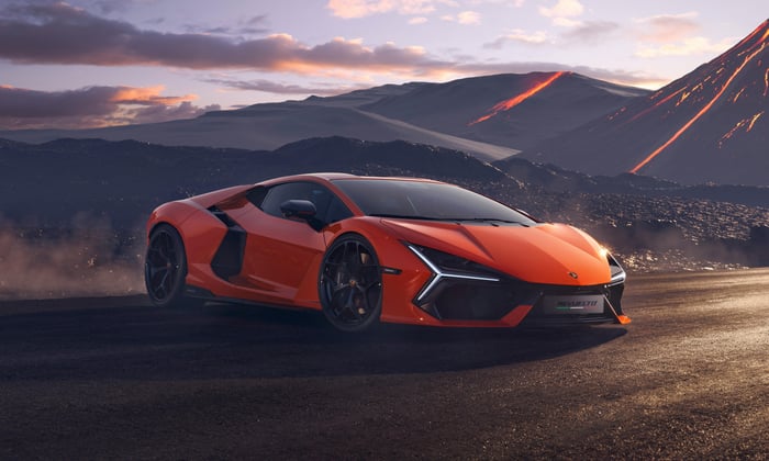 Lamborghini Revuelto 2024 in a volcanic landscape