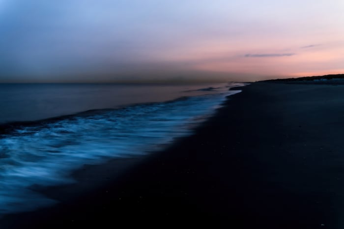 Minimalist beach scene with waves at dusk