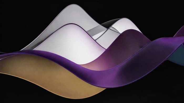 Abstract flowing ribbons of gold, purple, and white