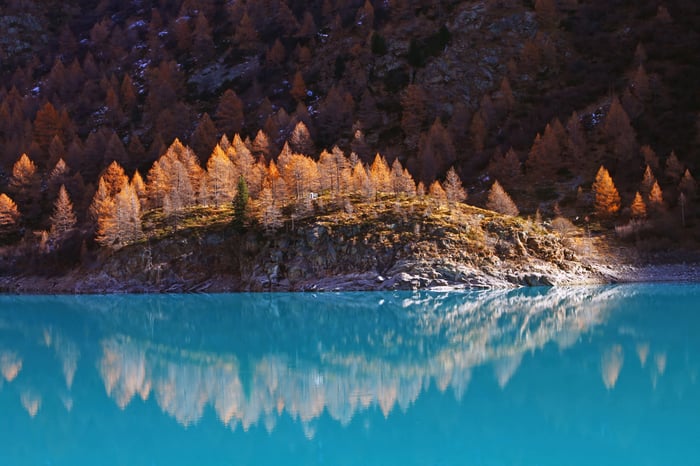Autumn trees reflected in a bright blue lake