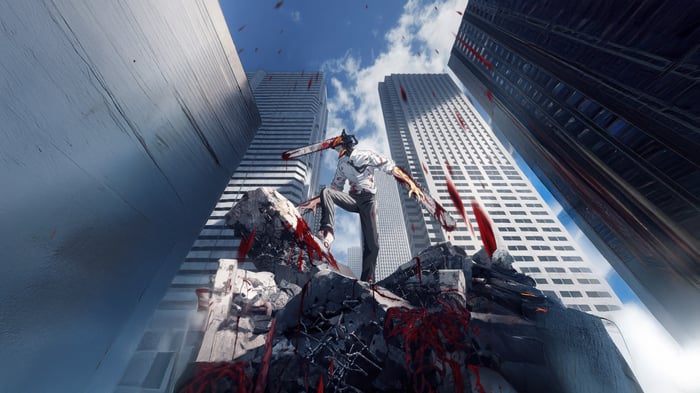 Chainsaw Man standing on rubble in city