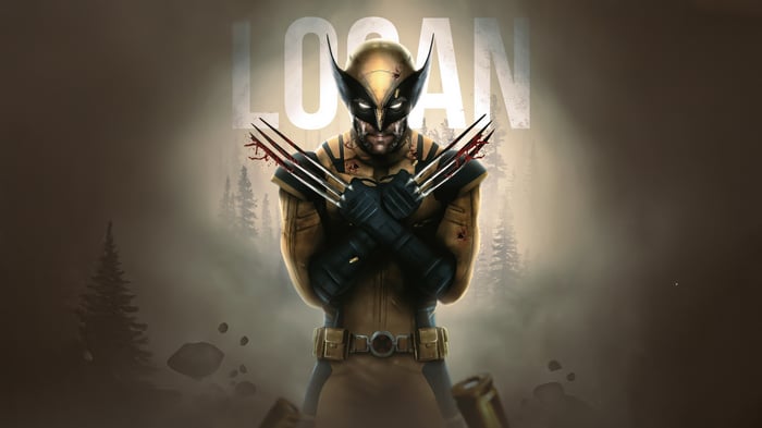 Logan with bloody claws in a forest