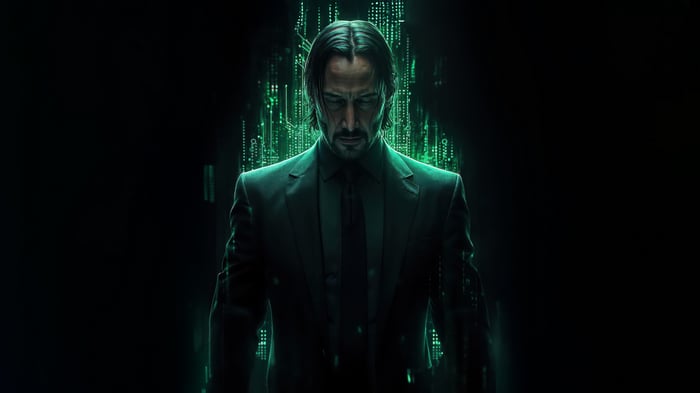 John Wick in a green digital matrix