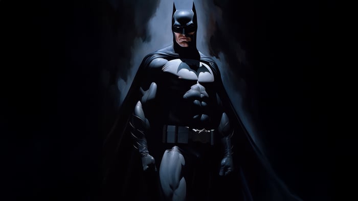 Batman standing in dark, smoky environment