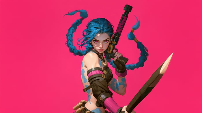 Jinx with a gun and a large knife
