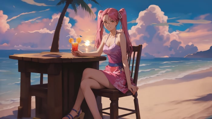 Anime girl with pink pigtails drinks cocktail on beach