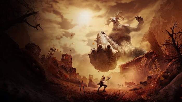 Skydance Behemoth and warrior in ruins