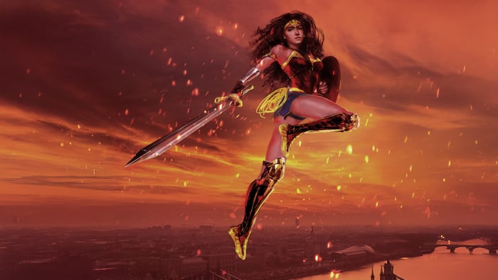 Wonder Woman in a dynamic pose with sword and shield