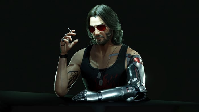 Johnny Silverhand with cybernetic arm and cigarette