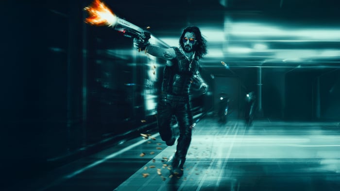 Johnny Silverhand firing a gun in a futuristic city