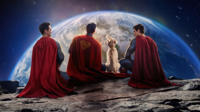 Superman, Krypto, and another Superman on the moon
