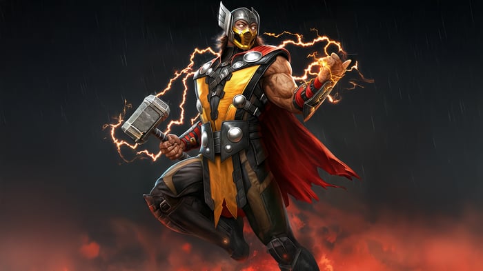 Scorpion as Thor with Mjolnir and Lightning