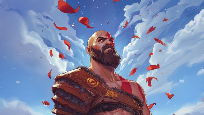 Kratos with red markings and armor in the sky