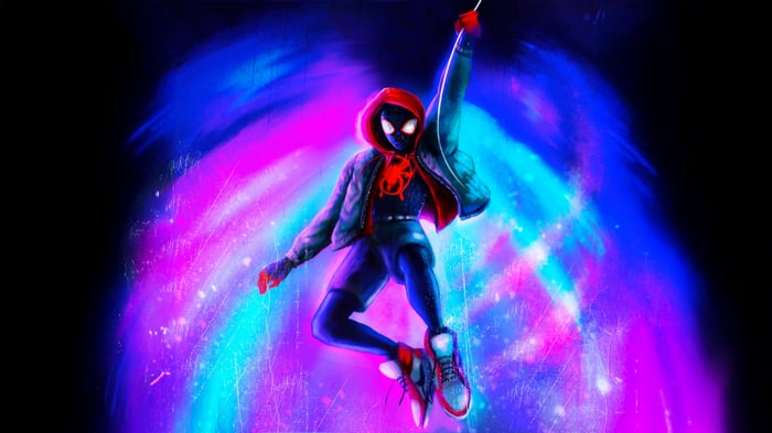 Miles Morales Swinging Through a Colorful Portal
