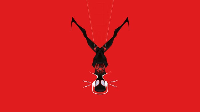 Miles Morales hanging upside down with headphones