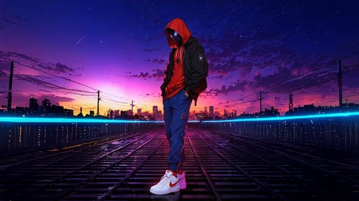 Miles Morales on Train Tracks at Sunset