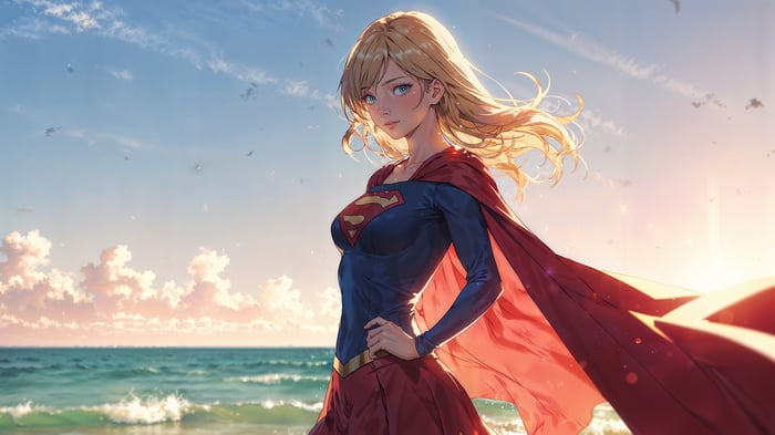 Supergirl on a Beach at Sunset