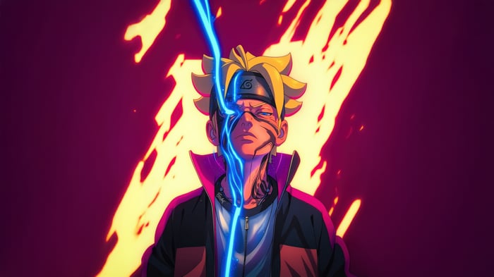 Boruto Uzumaki with blue lightning and fire background