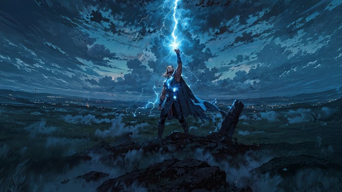 Thor summons lightning over a city at night