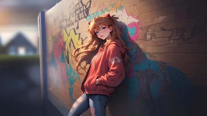 Asuka Langley Soryu leaning against a graffiti wall
