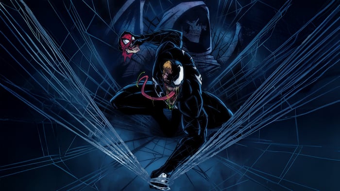Venom and Spider-Man in a Web