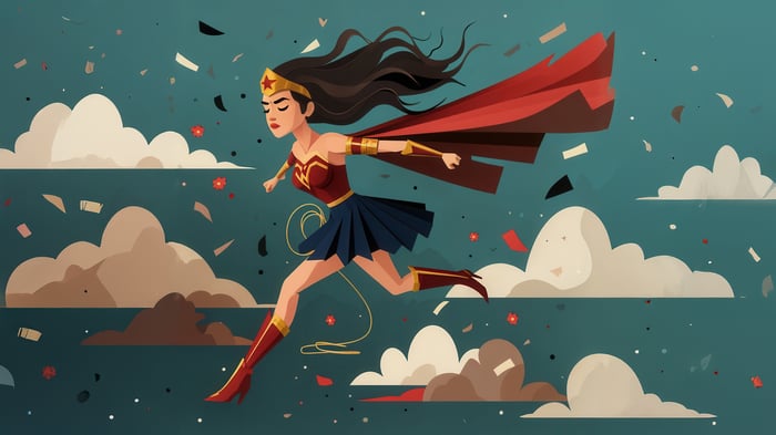 Wonder Woman Running Through Clouds with Confetti