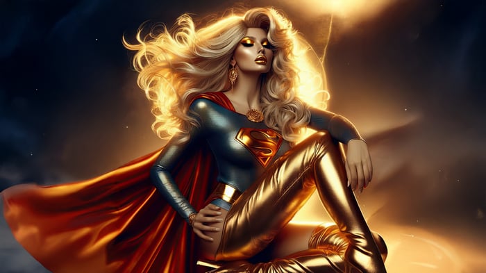 Supergirl as Greek Goddess with flowing blonde hair