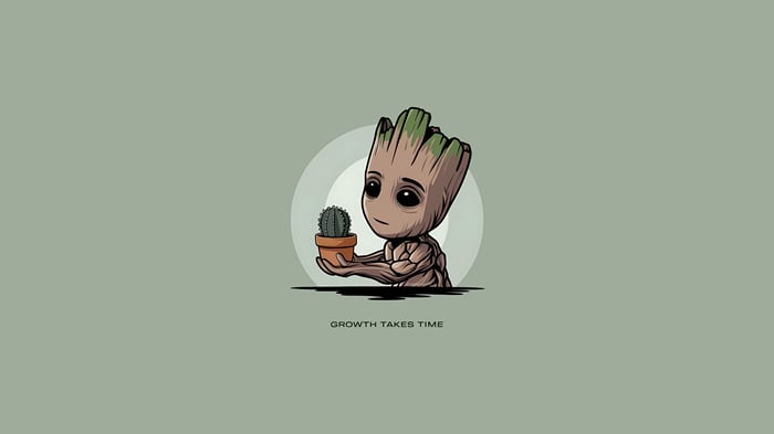 Baby Groot holding a potted cactus