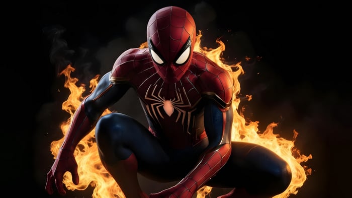 Spider-Man crouches amidst flames