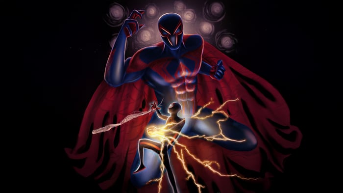 Spider-Man 2099 and Miles Morales with lightning