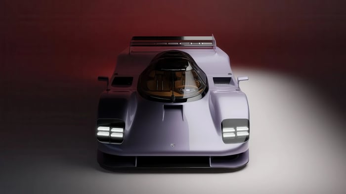 Purple Porsche 962 race car front view
